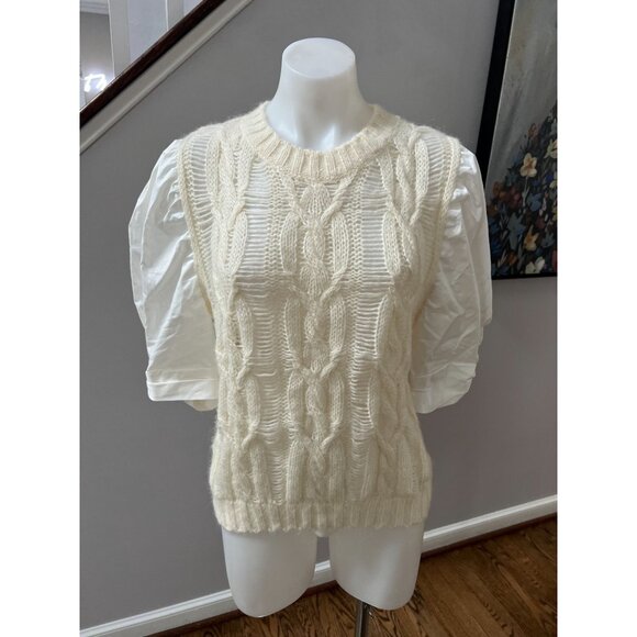 SEA NY New York Alpaca Wool Cable Knit Puff Sleeve Contrast Sweater Size Small - Picture 2 of 4